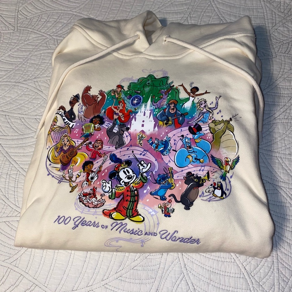 Disney 100 Year Celebration Cotton Fleece Cream Hoodie, Large, NWT